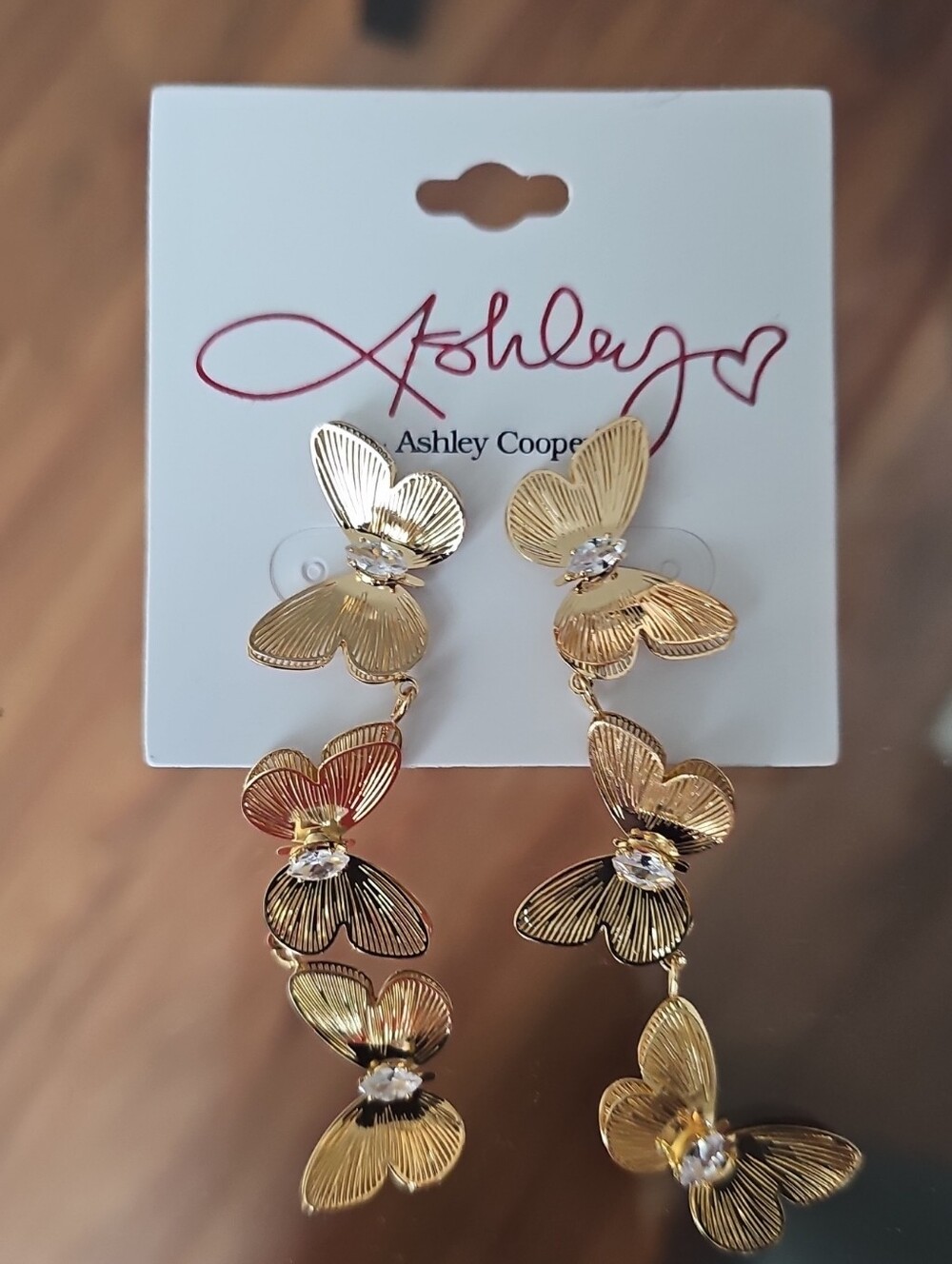 Ashley Cooper Gold Butterfly Link Dangle Earrings with Crystal Centers